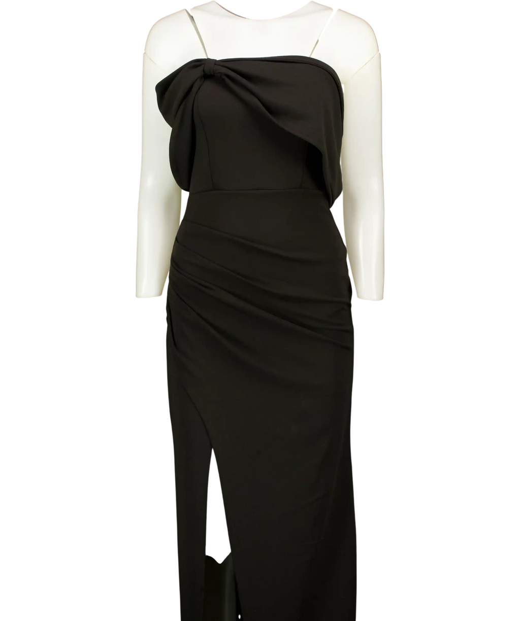Club L Eva Black Bardot Bow Detail Maxi Dress With Thigh Split UK 8
