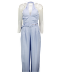 KAREN MILLEN Blue Premium Viscose Linen Cross Front Halter Belted Woven Wide Leg Jumpsuit UK 6