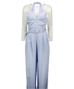 KAREN MILLEN Blue Premium Viscose Linen Cross Front Halter Belted Woven Wide Leg Jumpsuit UK 6