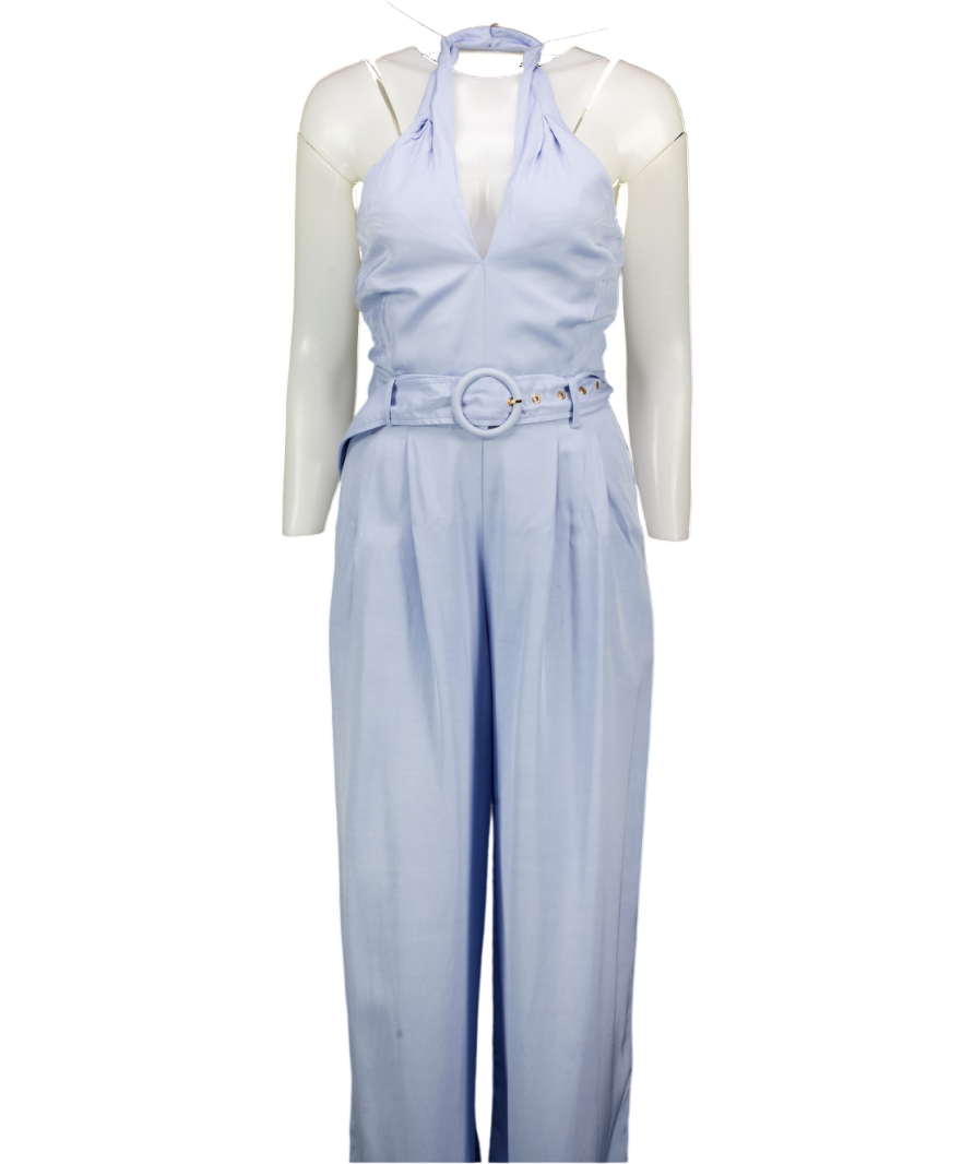 KAREN MILLEN Blue Premium Viscose Linen Cross Front Halter Belted Woven Wide Leg Jumpsuit UK 6