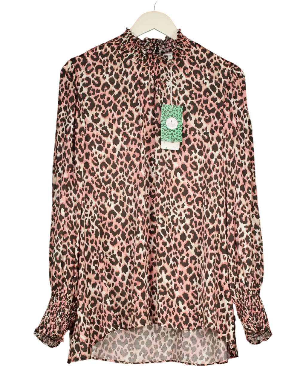SCAMP & DUDE Pink / Neutral Leopard Shirred High Neck Blouse UK 18