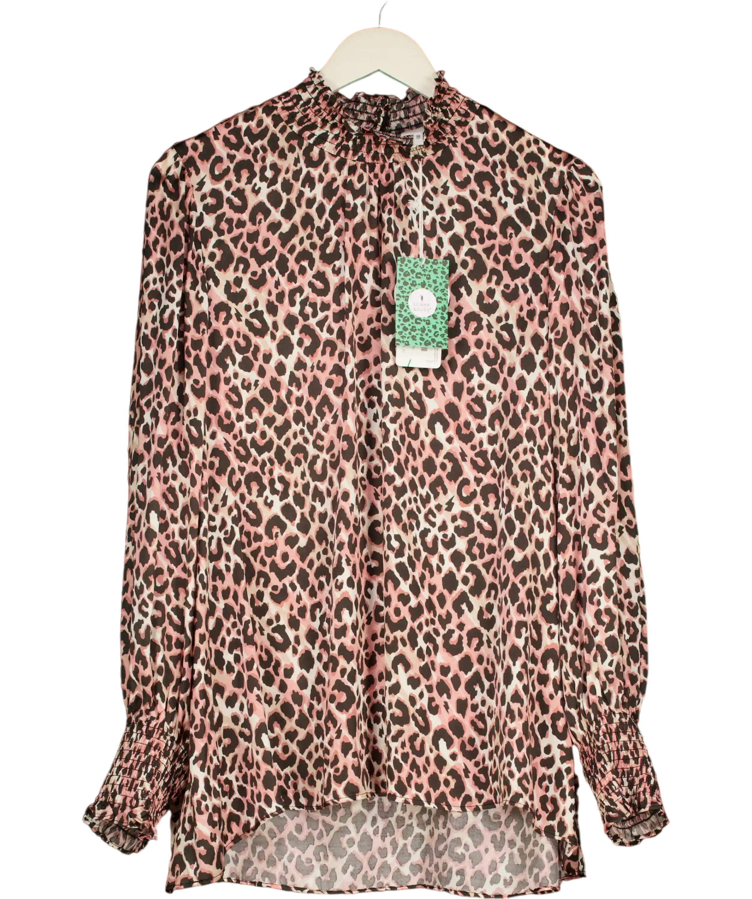 SCAMP & DUDE Pink / Neutral Leopard Shirred High Neck Blouse UK 18