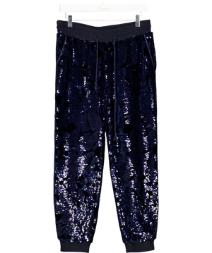 ANTHROPOLOGIE Ett:twa Nvay Blue  Sequined Velvet Joggers UK S