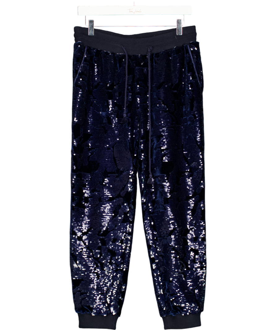 ANTHROPOLOGIE Ett:twa Nvay Blue  Sequined Velvet Joggers UK S