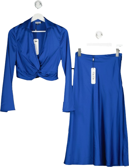 Chi Chi London Blue Satin Longline Midi Skirt & Long Sleeve Twist Detail - Skirt size 6, Top UK 8