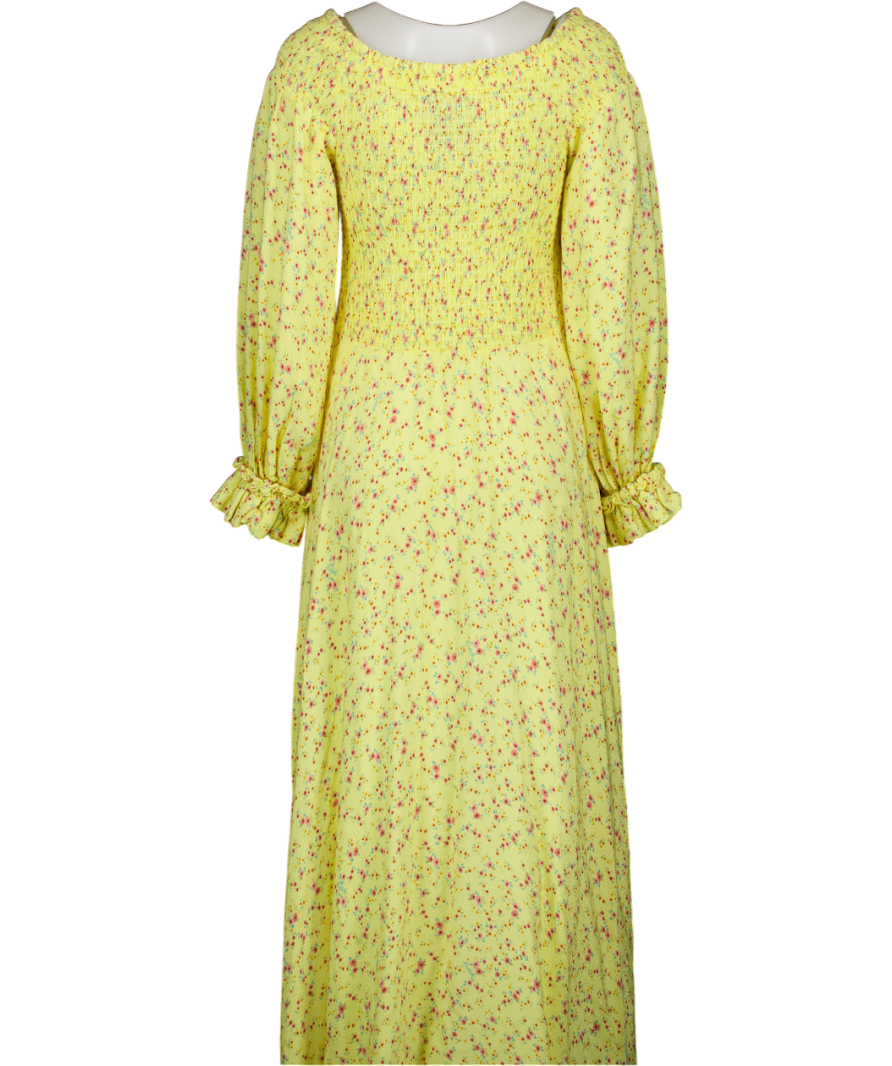ROTATE BIRGER CHRISTENSEN Lemon Yellow Ditsy Floral Shirred On/ Off The Shoulder Viscose Maxi Dress UK 12