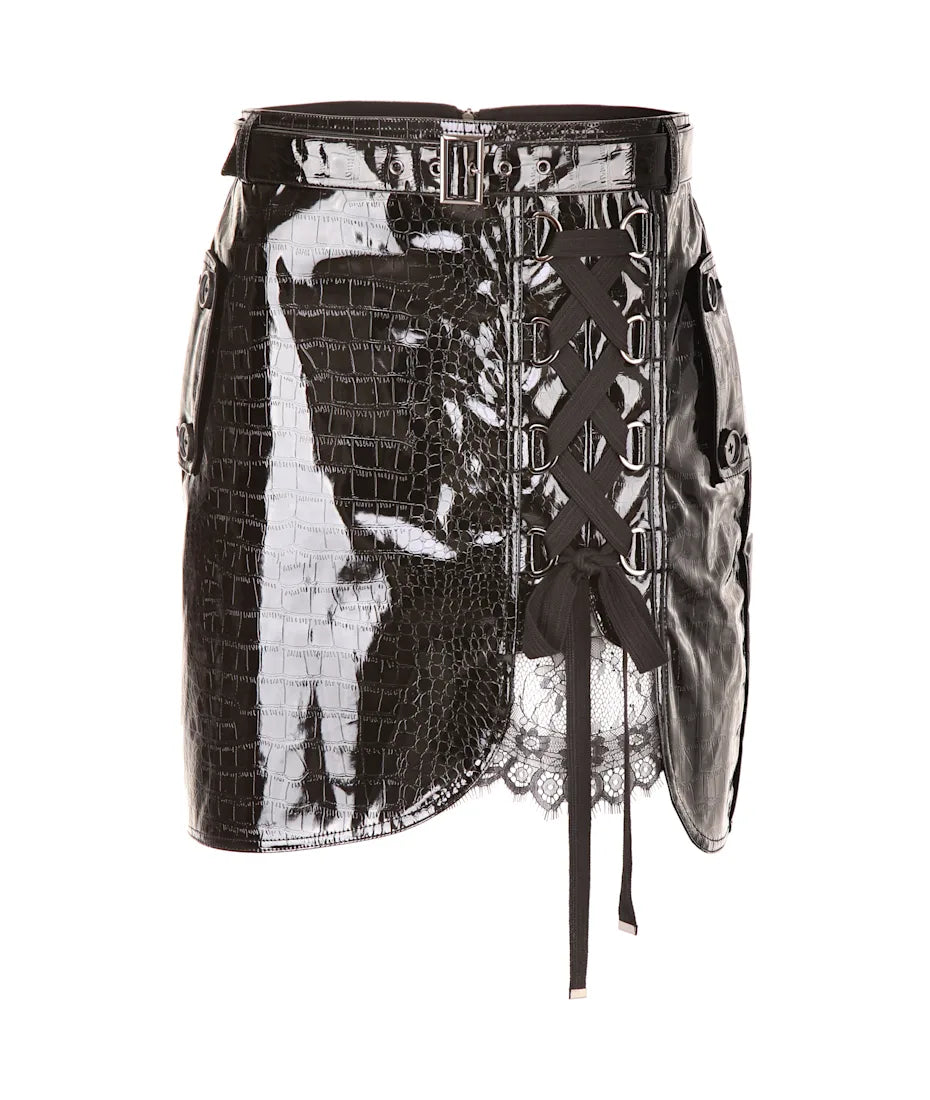Self-Portrait Black Faux Leather Front Mini Skirt With Lace Detail UK 10