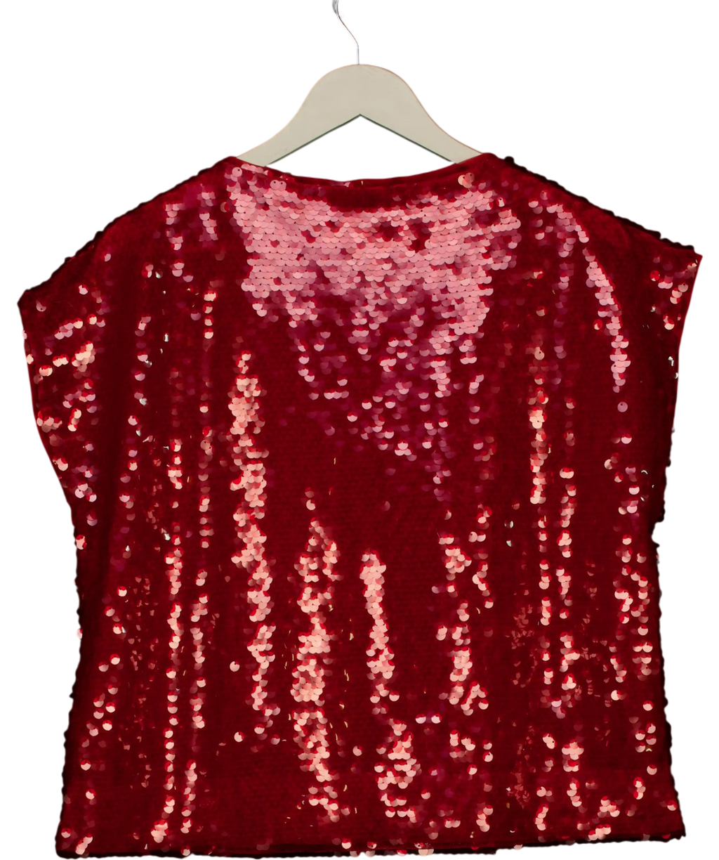 M&S Red Sequin Slash Neck Short Sleeve Top UK 12