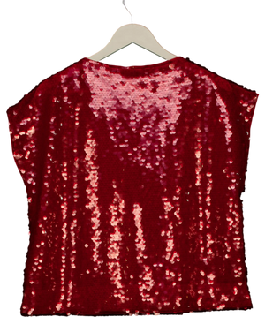 M&S Red Sequin Slash Neck Short Sleeve Top UK 12
