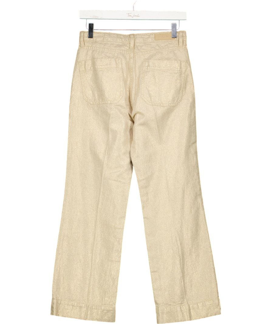 DENIM STUDIO Beige Metallic Linen Patch Pocket Cropped Straight Leg Trousers W25