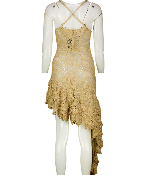 ANDREA ALMEIDA Gold Crochet Asymmetric Scalloped Hem Astrid Dress  SZP