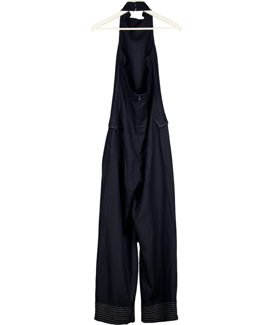 ZARA Navy Blue Linen Blend Halter Jumpsuit With Contrast Topstitching UK S