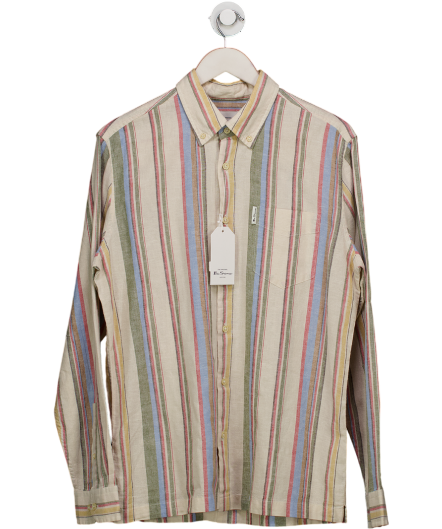 Ben Sherman Beige Long Sleeve Stripe Linen Blend Shirt In Fog UK M