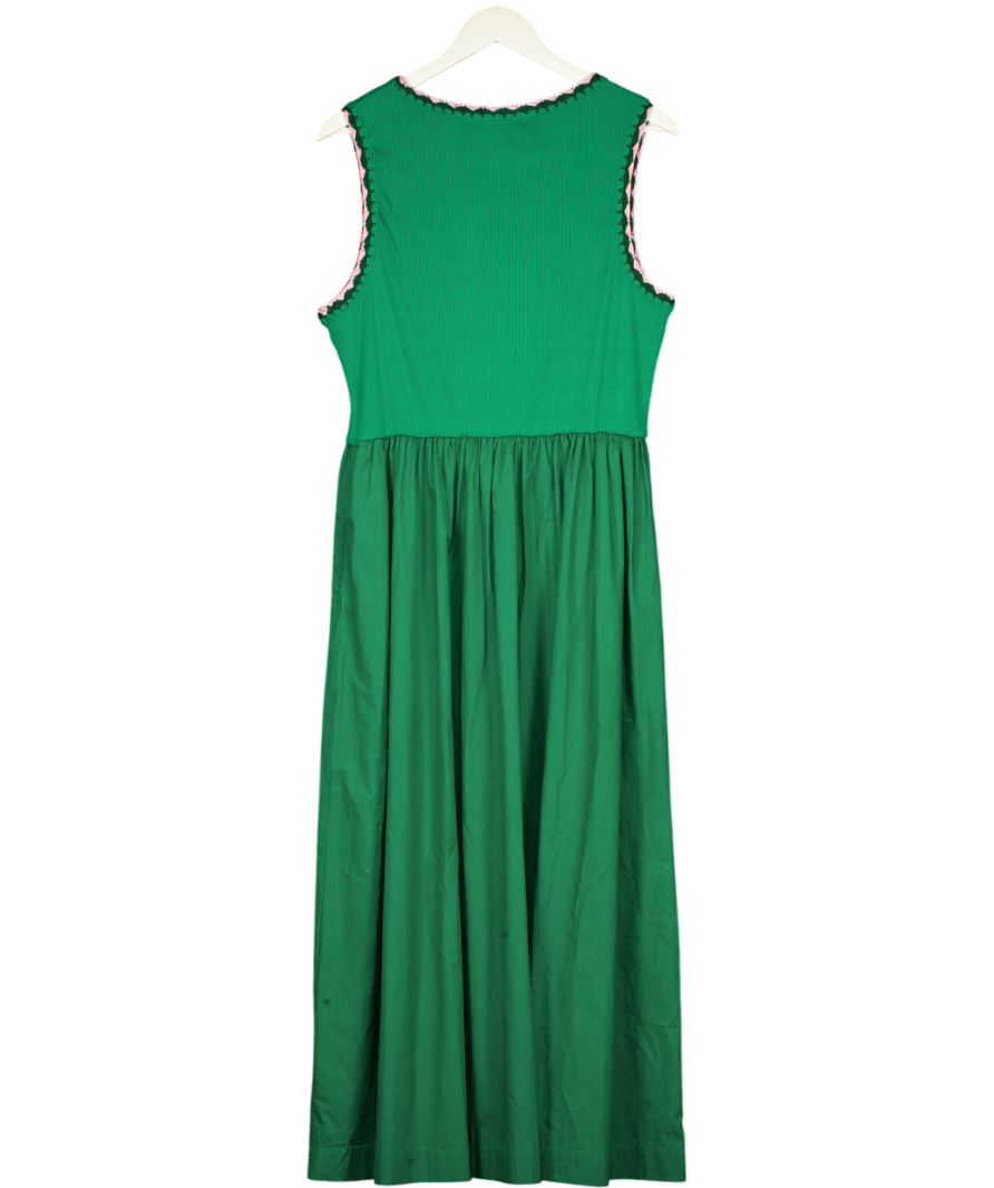 Oliver Bonas Green & Pink Crochet Trim Cotton Midi Dress UK 10