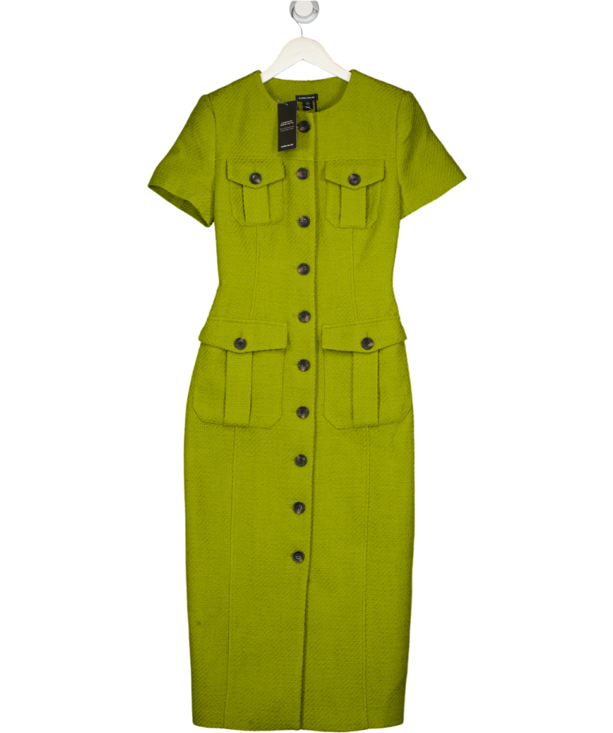 KAREN MILLEN Olive Green Tweed Tailored Pocket Front Short Sleeve Midi Dress UK 8
