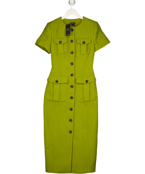 KAREN MILLEN Olive Green Tweed Tailored Pocket Front Short Sleeve Midi Dress UK 8