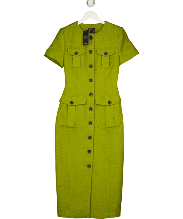KAREN MILLEN Olive Green Tweed Tailored Pocket Front Short Sleeve Midi Dress UK 8