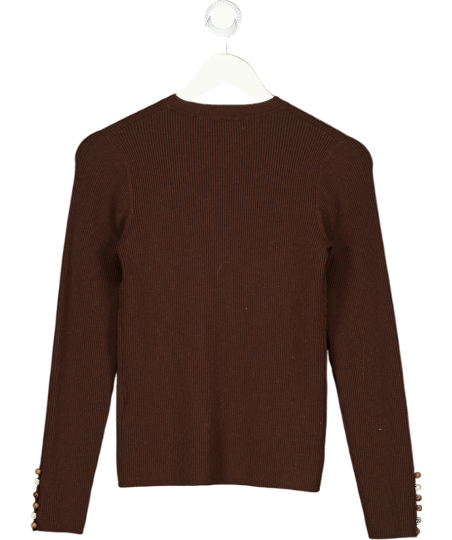 FABRIQUE Brown By Mark Tan Kaia Hand Sewn Buttons Fitted Merino Wool Top UK S
