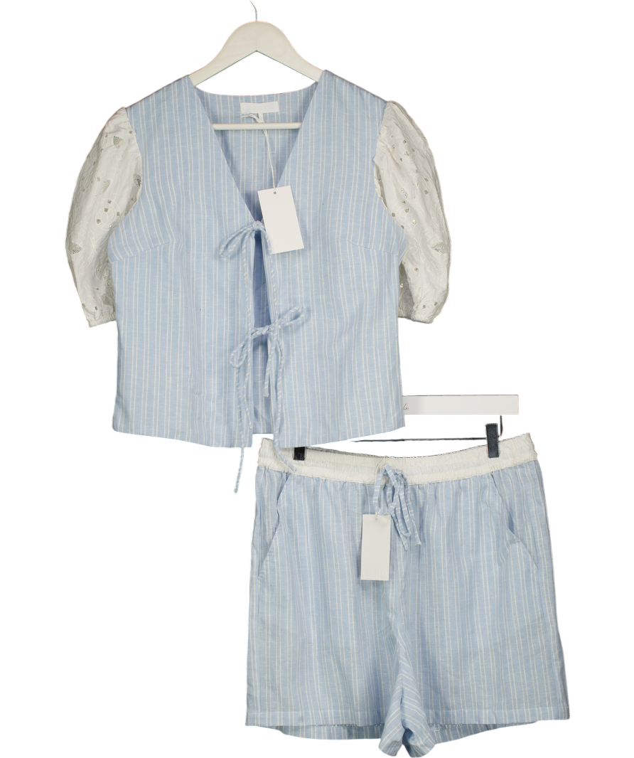 NA-KD Blue Stripe Anglaise Tie Detail Top And Shorts Set UK 10