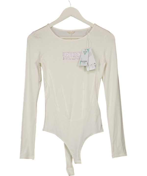 GUESS Ivory White Crystal Embellished Logo Bodysuit UK XS