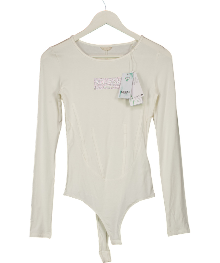 GUESS Ivory White Crystal Embellished Logo Bodysuit UK XS