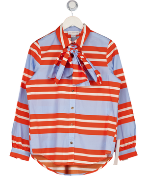 NEVER FULLY DRESSED Orange / Blue Pure Cotton Striped Bow Tie Neck Relaxed Shirt UK 8