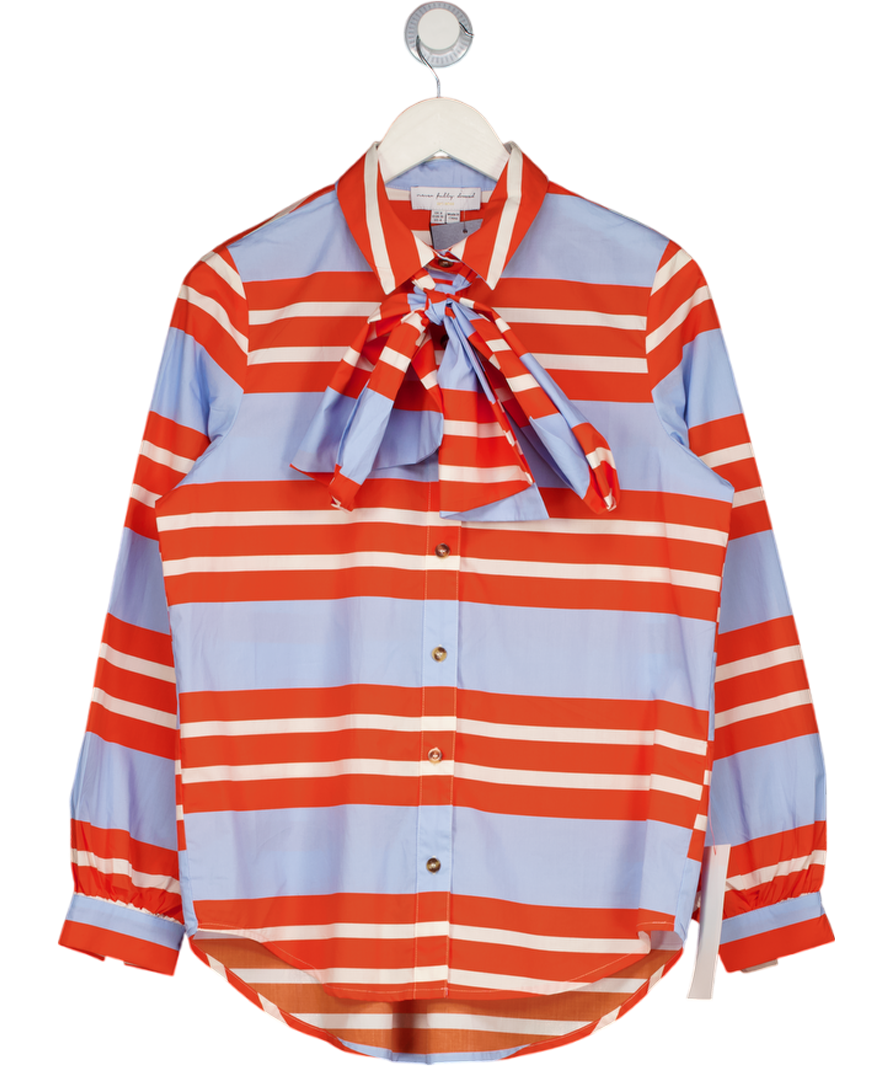NEVER FULLY DRESSED Orange / Blue Pure Cotton Striped Bow Tie Neck Relaxed Shirt UK 8