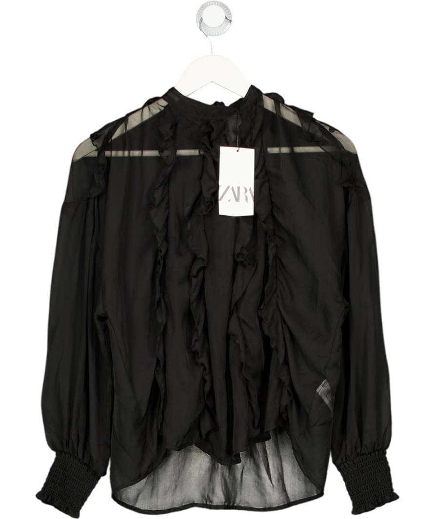 ZARA Black Sheer Chiffon Shirred Cuff Top UK S