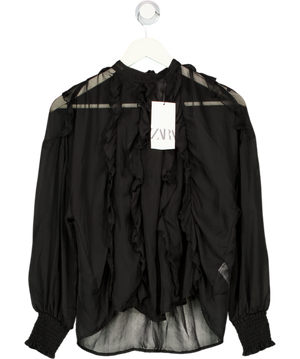ZARA Black Sheer Chiffon Shirred Cuff Top UK S