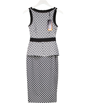 Karen Millen Black Multi Geometric Print Peplum Waist Pencil Dress UK 8