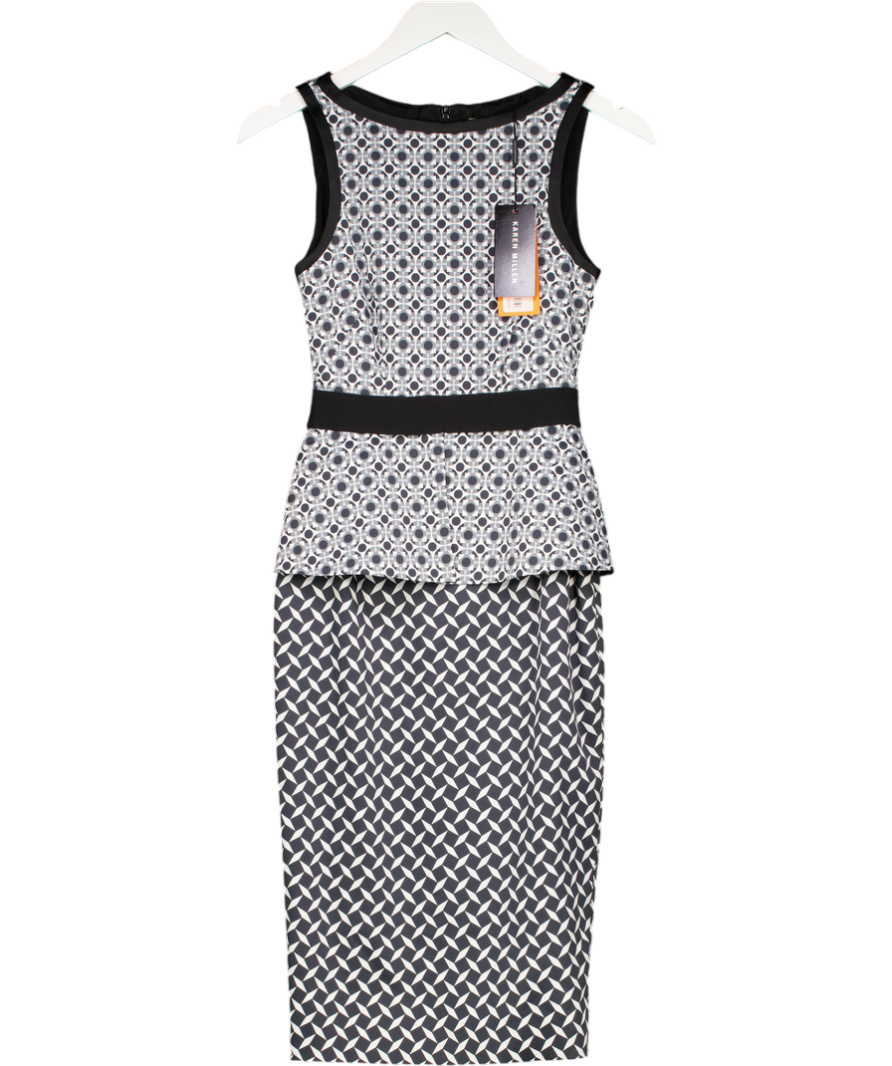 Karen Millen Black Multi Geometric Print Peplum Waist Pencil Dress UK 8