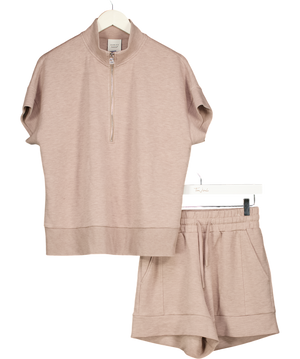 VARLEY 2-piece Beige Ritchie Doublesoft Sweat Top & High Rise Shorts Set UK XS/S