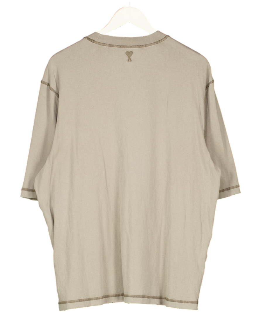 AMI PARIS Washed Khaki Green Embroidered Logo T-shirt UK L