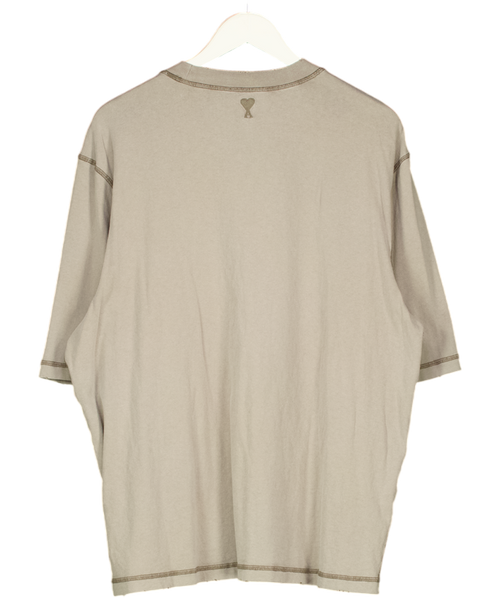 AMI PARIS Washed Khaki Green Embroidered Logo T-shirt UK L