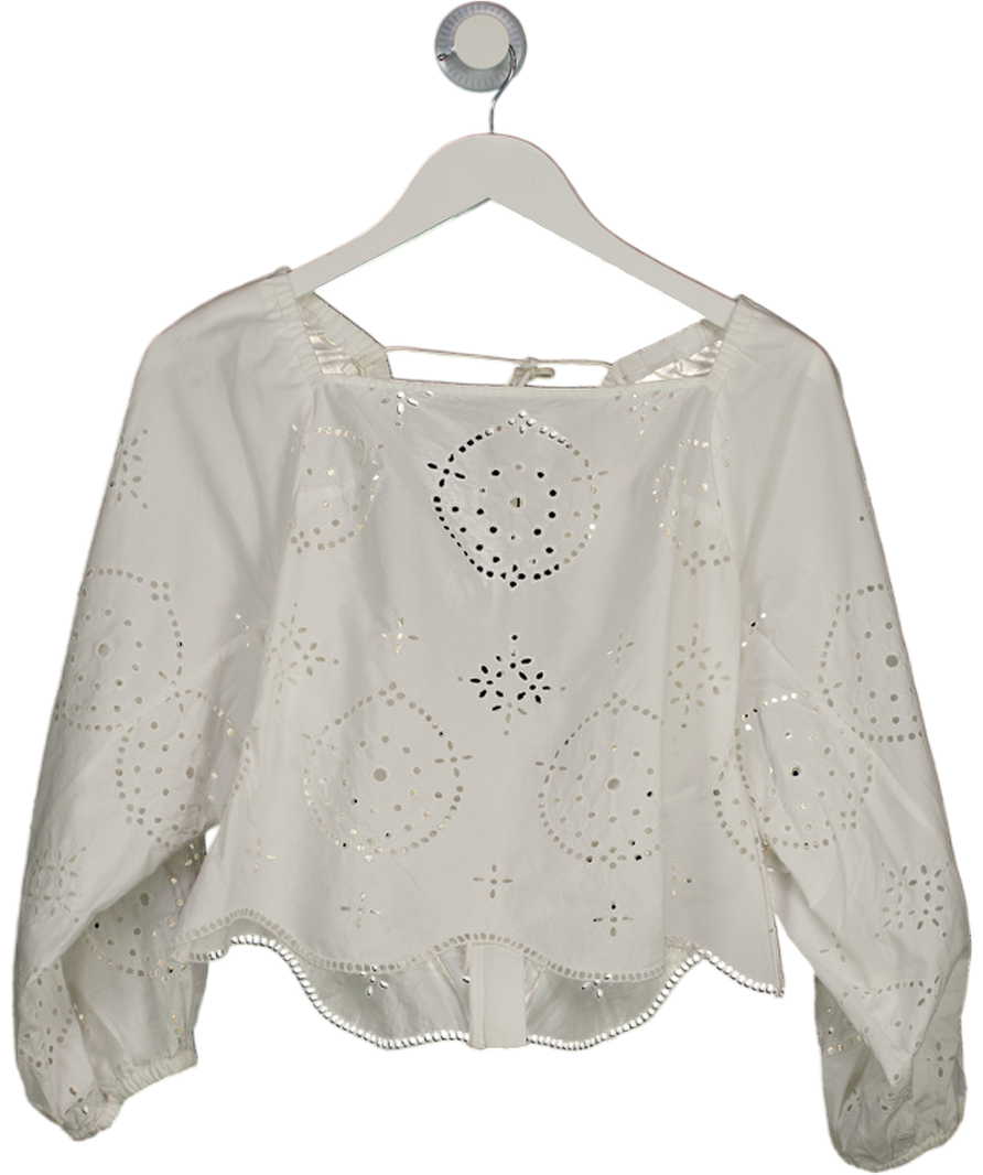 REISS White Becci Embroidered Scalloped Hem Brderie Blouse UK 10