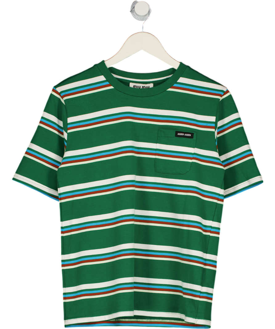 MIU MIU Green Classic Striped Pocket Logo  T-shirt UK M