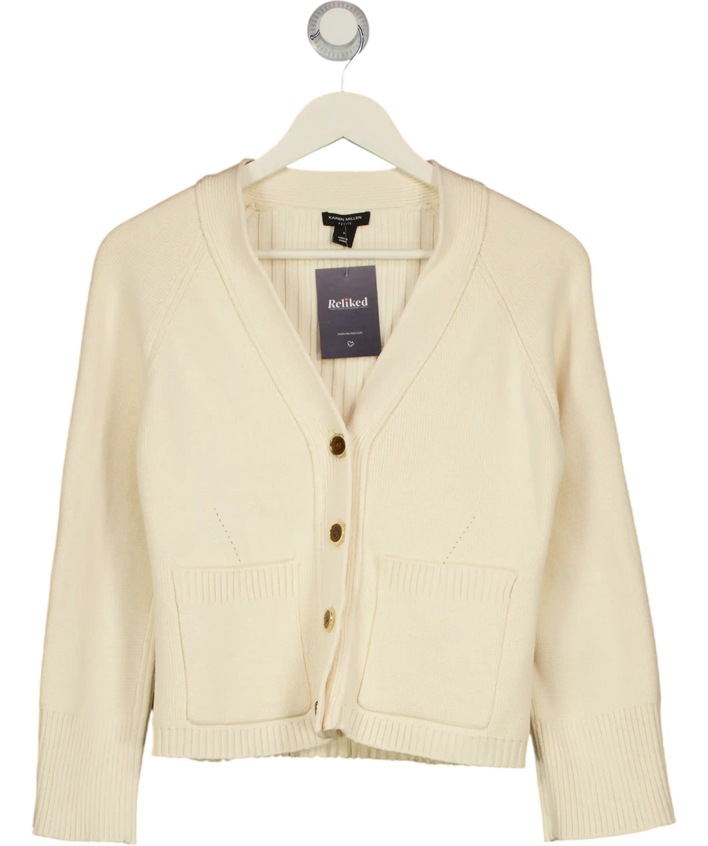 KAREN MILLEN Cream Petite Cotton Knitted Button Cardigan UK S