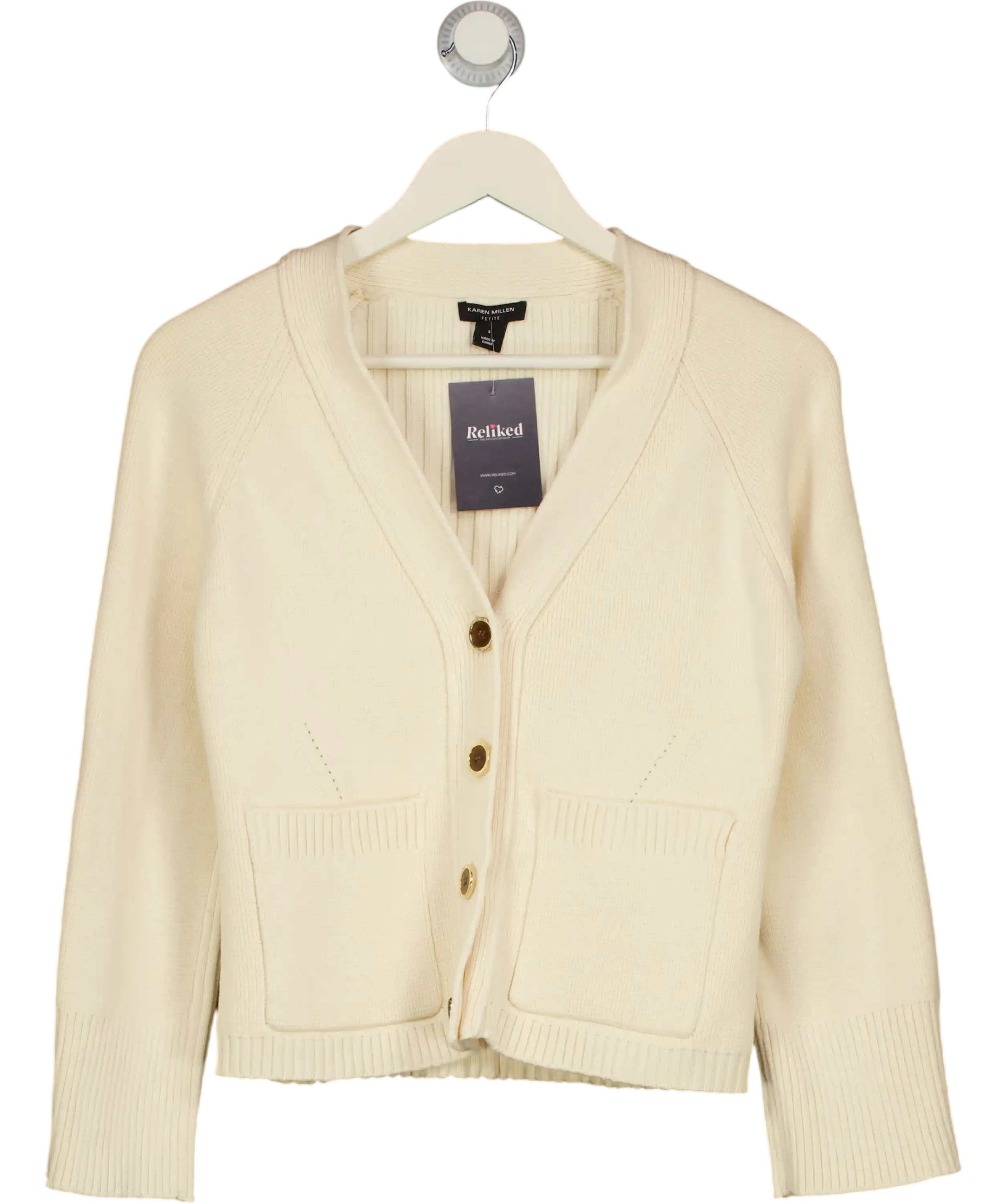 KAREN MILLEN Cream Petite Cotton Knitted Button Cardigan UK S
