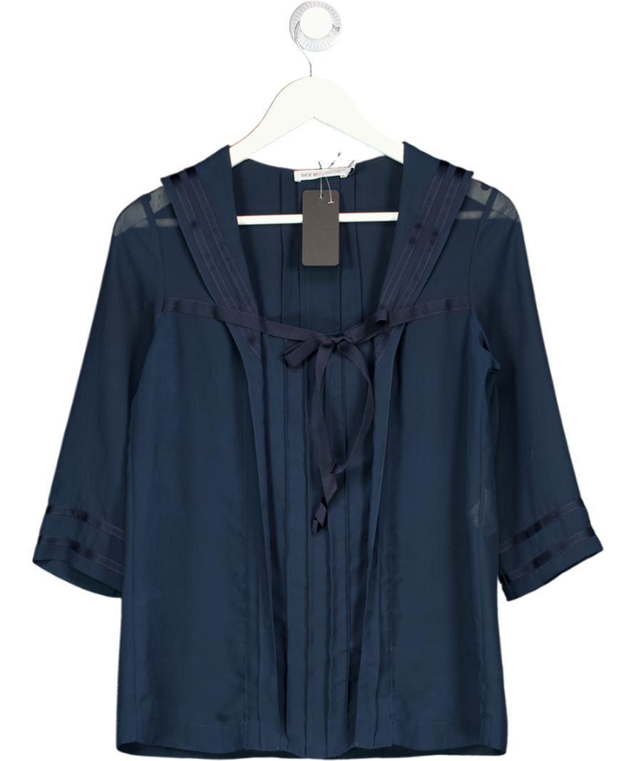 See by Chloé Navy Blue Chiffon Sailor Top UK 10