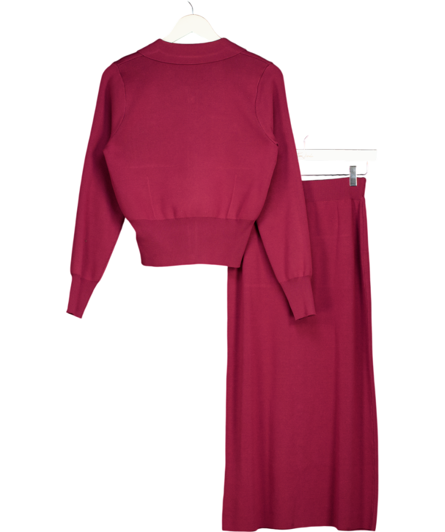 Commense Red Metal Button Collared Cardigan And Midi Skirt Set UK XS
