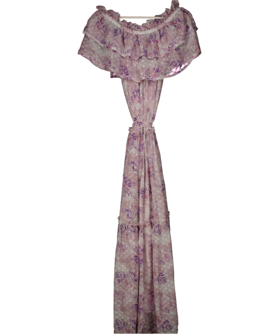 LOVESHACKFANCY Purple Lavender Silk Floral Off The Shoulder Dress UK XS