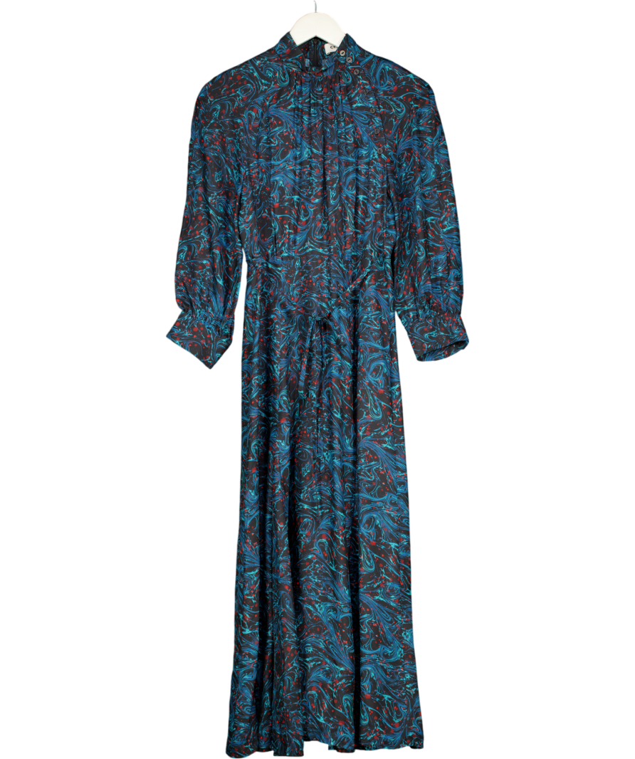 CEFINN Blue / Multi Print 100% Silk Midi Dress UK 8