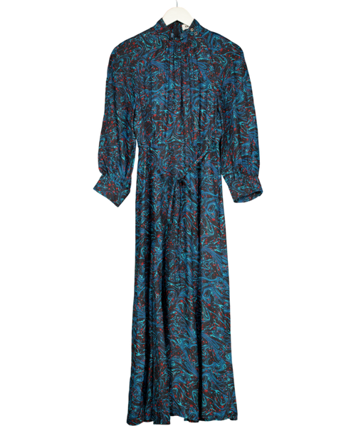 CEFINN Blue / Multi Print 100% Silk Midi Dress UK 8
