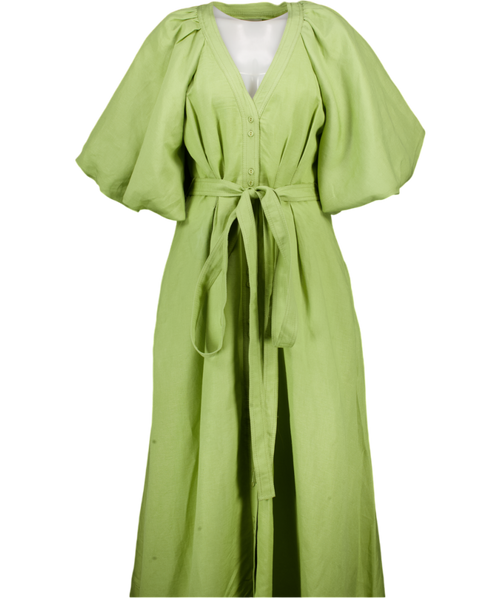 Aje Green Evermore Puff-sleeve Linen-blend Midi Dress UK 12
