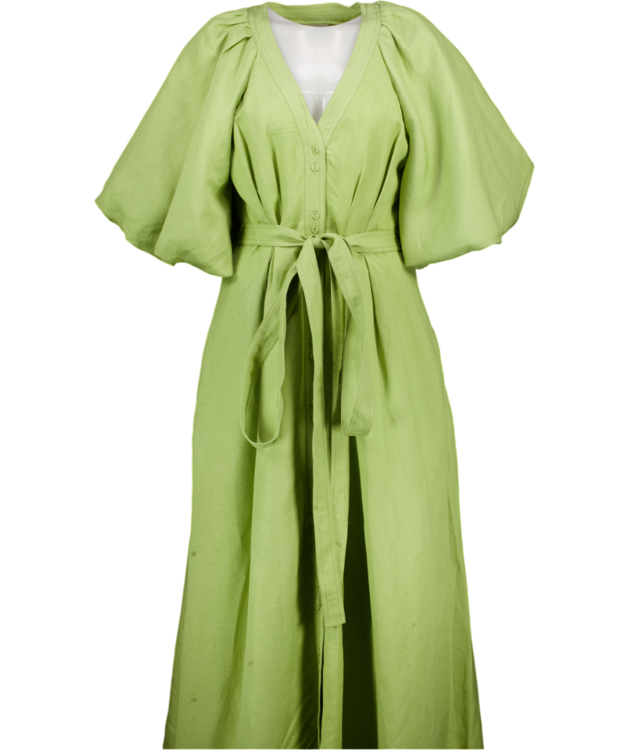 Aje Green Evermore Puff-sleeve Linen-blend Midi Dress UK 12