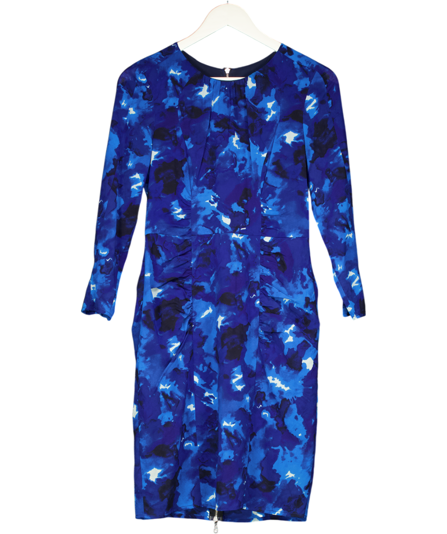 Whistles Blue Watercolour Print Ruched Silk Midi Dress UK 10