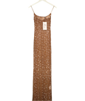 Oh Polly Brown Antonella Sheer Embellished Scoop Neck Evening Gown In Almond UK 8