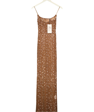 Oh Polly Brown Antonella Sheer Embellished Scoop Neck Evening Gown In Almond UK 8
