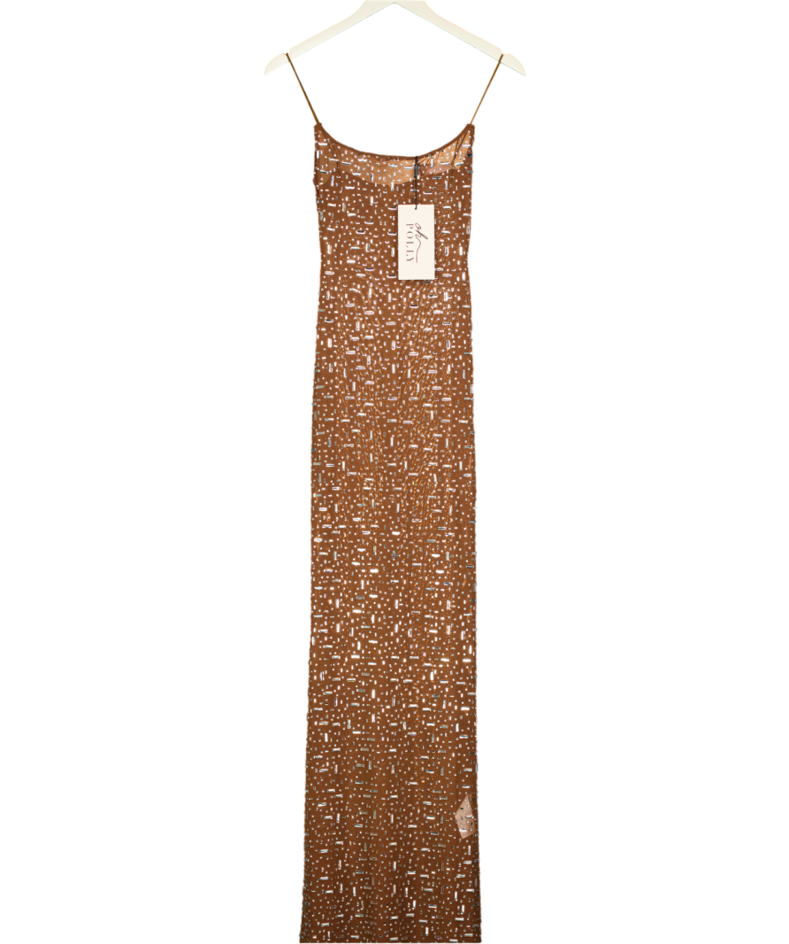 Oh Polly Brown Antonella Sheer Embellished Scoop Neck Evening Gown In Almond UK 8