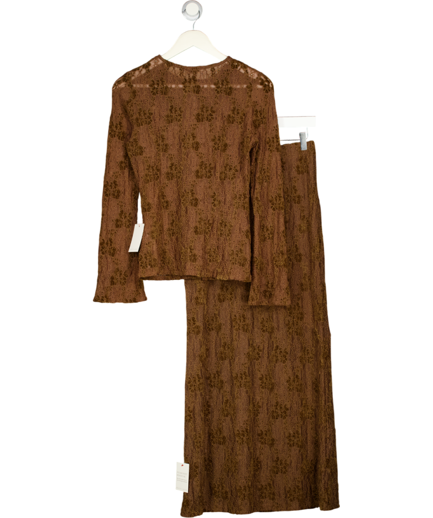 PRETTY LAVISH 2-piece Lace Cardigan (uk 6) & Maxi Skirt (uk 8) Co-ord In Chocolate Brown UK XS/S